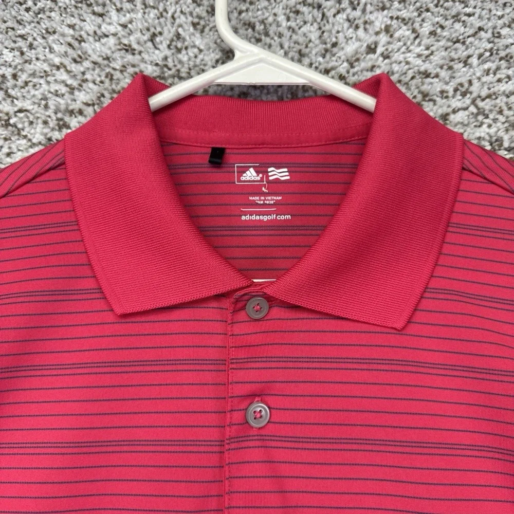 Adidas Golf Polo Shirt Men's Size Medium‎ Pink Blue Stripes Performance Stretch